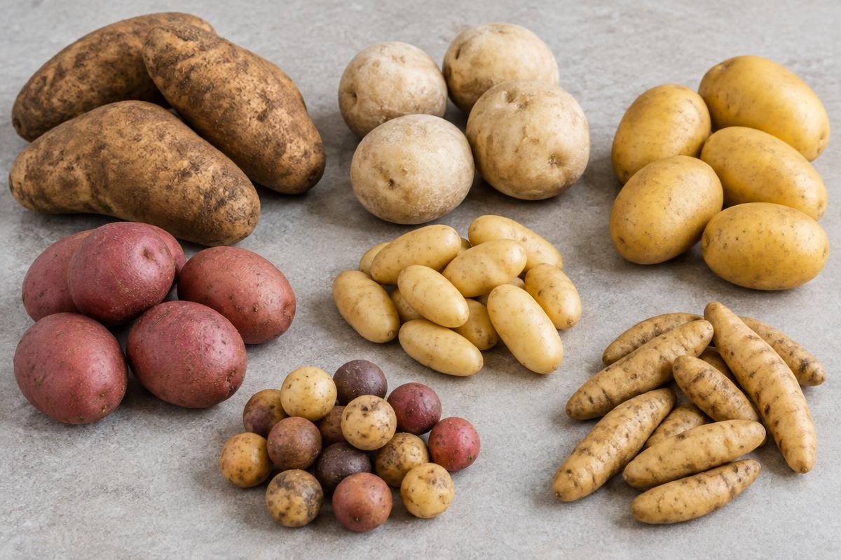 Editorial illustration of brown, yellow, red, baby and fingerling potatoes arranged on a kitchen surface