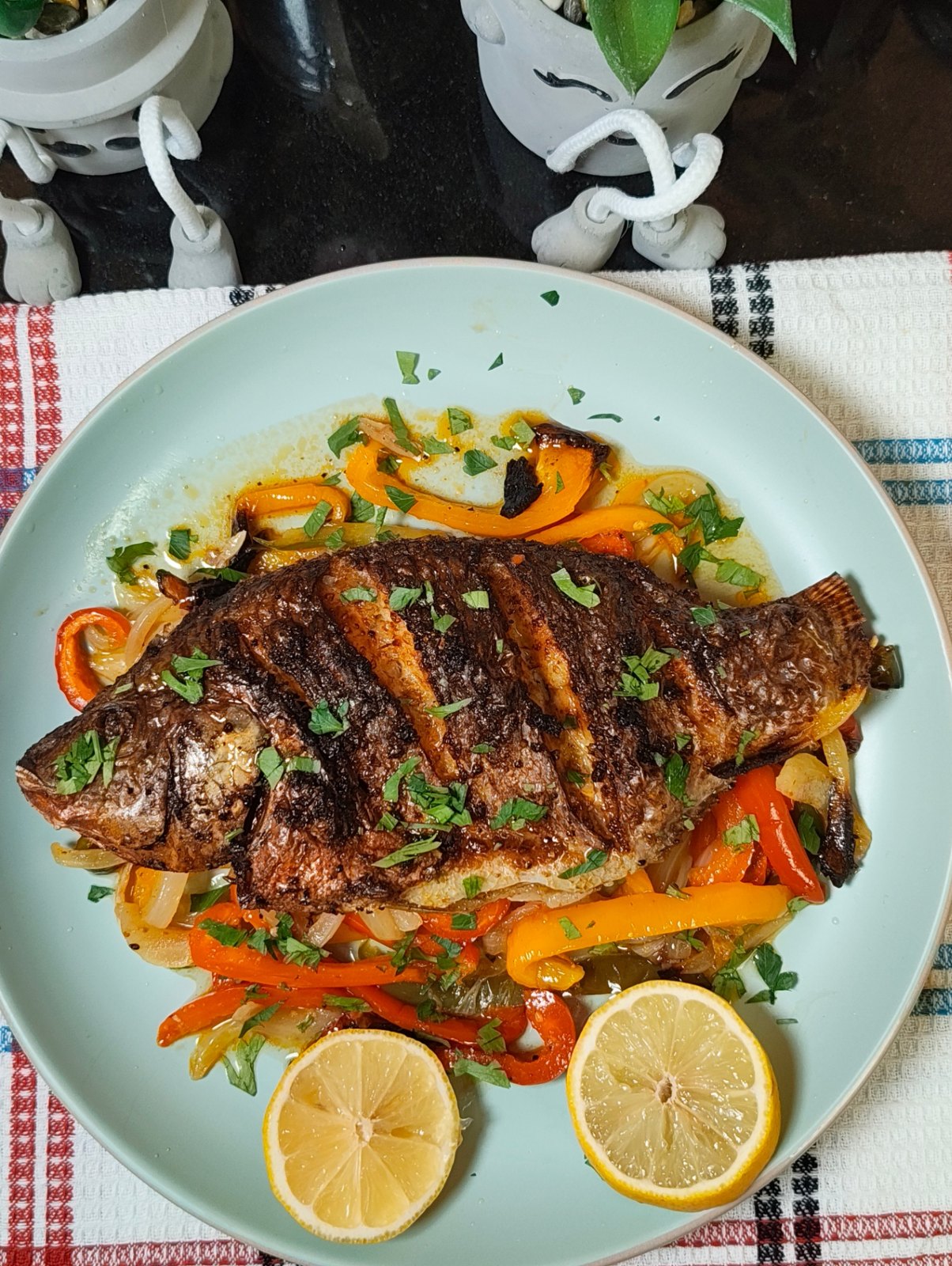 Whole Air Fryer Tilapia with Peppers & Onion