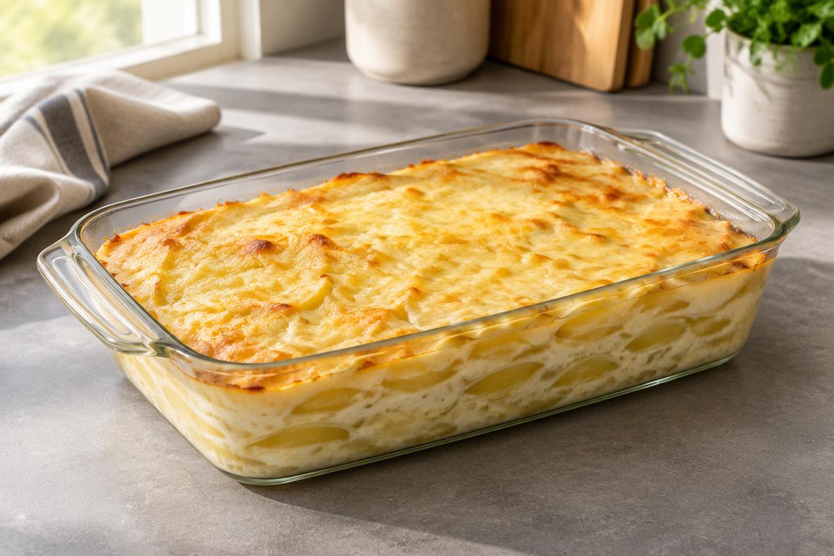 Editorial illustration of golden potato gratin with creamy layers in a transparent glass baking dish