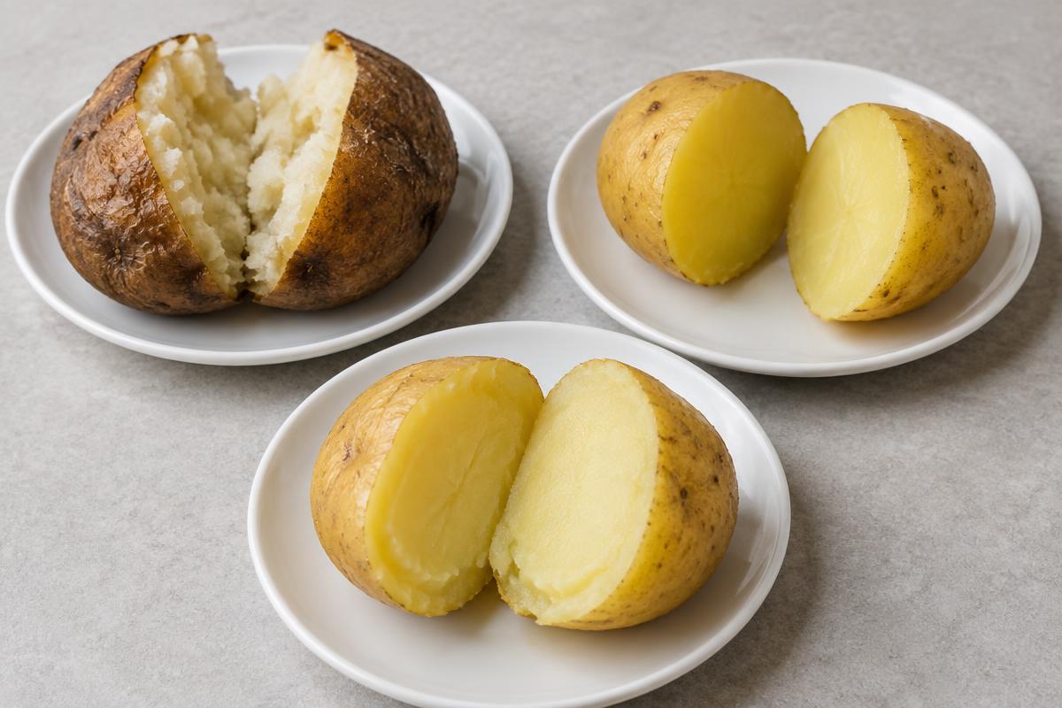Editorial illustration of split cooked potatoes with fluffy white and denser yellow interiors